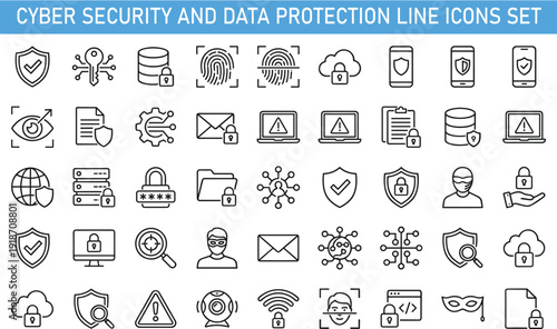 Cyber security and data protection line icons set, network privacy encryption cloud safety secure access vector collection