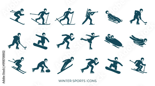 Winter Sports Icons Set: Skiing, Snowboarding, Skating, Hockey & Sledding