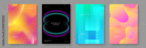 Collection of four modern posters featuring fluid gradients and vibrant geometric shapes for contemporary brand identity and event promotion