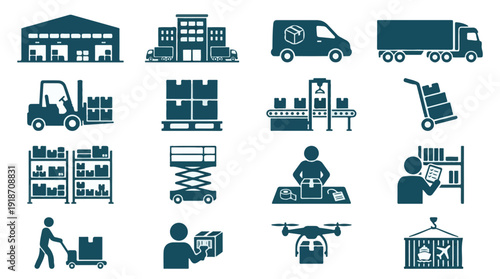 Industrial logistics and shipping process vector icons set