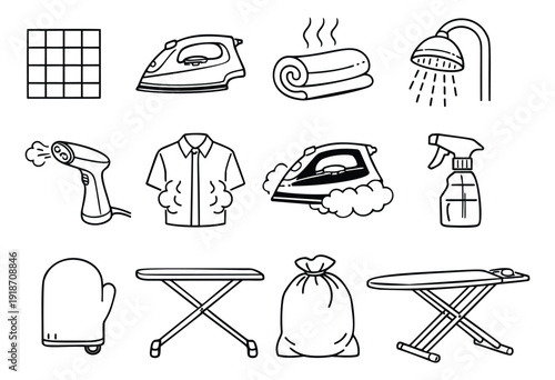 Hand drawn line art laundry and textile care set featuring irons, a clothes steamer, ironing boards, and household accessories for cleaning and garment maintenance