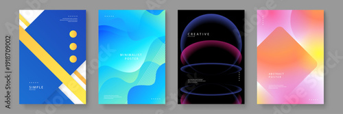 Set of four professional business posters with geometric shapes fluid gradients and minimalist layout for corporate branding and event promotion