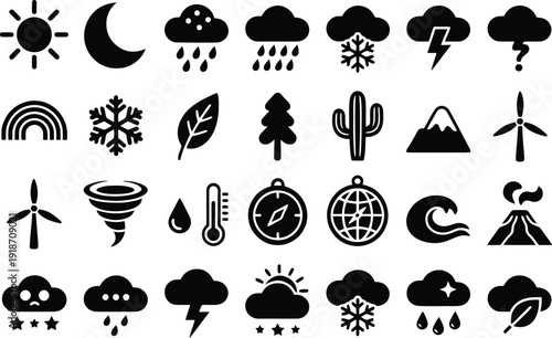 Weather Icons: A collection of various weather icons, representing a range of atmospheric conditions and natural elements, offering a versatile visual resource for design and informational purposes.