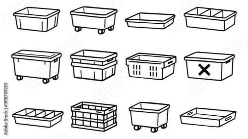 Hand drawn line art storage bins set featuring various containers, crates, and trays for organization solutions