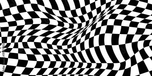 Abstract checkered background with distortion effect. Checkered pattern. surface. Black and white background, distorted chessboard. Abstract banner with distortion. Vector illustration.