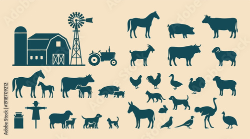 Collection of Farm Animals, Agricultural Buildings, and Equipment Icons