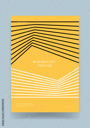 A minimalist yellow poster featuring striking black and white perspective lines creating a sense of depth and architectural structure for modern decor