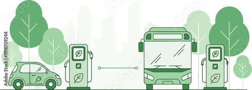 Electric vehicle charging station, electric bus and car charging, sustainable transport concept, green mobility infrastructure, eco friendly transportation system, clean energy vehicle illustration