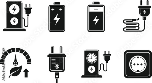 Electricity and battery charging icons set, power plug symbols, energy efficiency signs, electrical technology elements, electric power supply, energy management illustration collection