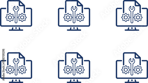 Six computer depicting a wrench and gears on a document