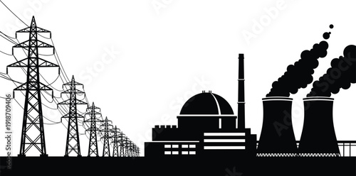 Electricity transmission towers and nuclear power plant, energy infrastructure system, high voltage power lines, industrial electricity production, energy generation facility, industrial power supply