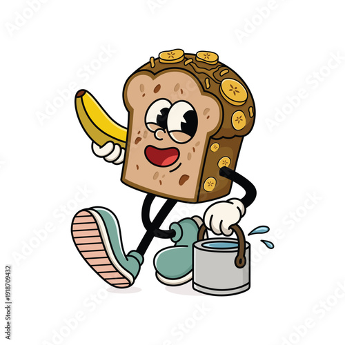 Vintage Illustration Banana Bread Character Rubber Style Mascot Design
