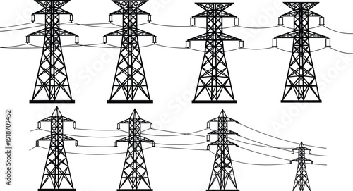 Electricity transmission towers set, high voltage power lines, electric grid infrastructure, power transmission network, energy distribution system, electrical utility tower illustration design
