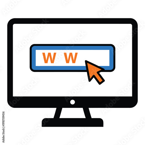 Computer monitor with web browser window and cursor  web page navigation icon