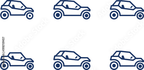 Six identical blue outline of a recreational off-road vehicle on a white background