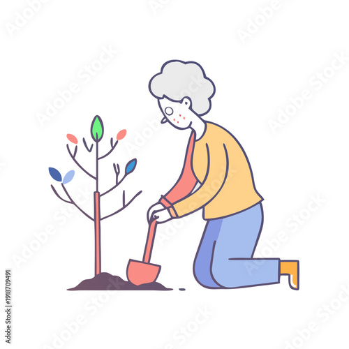 Elderly woman planting a tree in minimal style vector illustration