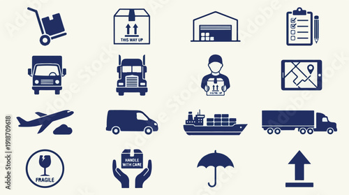 Logistics and Shipping Icons Set: Delivery, Transport, Warehouse Symbols