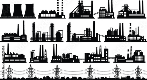 Industrial factory skyline silhouettes, manufacturing plants collection, power generation facilities, heavy industry infrastructure, electricity transmission network, industrial production 
