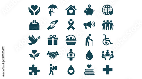 Charity, donation, and social welfare flat design vector icon set
