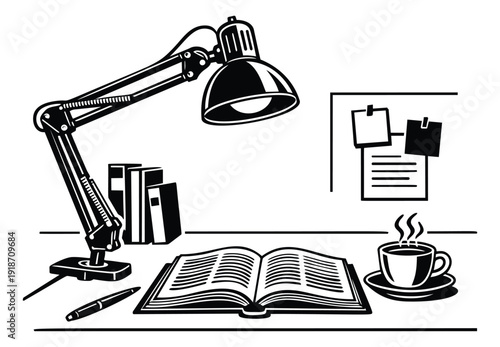 Line art illustration of a study desk depicting a lamp, books, and coffee for learning