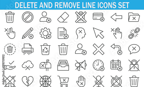 Delete and remove line icons set, cancel actions symbols, disabled user interface, error warnings, block restrictions, outline vector collection, design