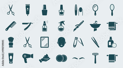 Hairdressing, Barber and Beauty Salon Tools Icon Set