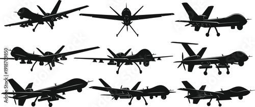 Military drone aircraft silhouettes set, unmanned aerial vehicle collection, combat UAV technology, surveillance drone aviation, military defense system, modern warfare drone illustration