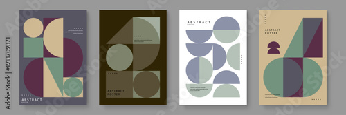 A premium set of four abstract posters utilizing semicircles, triangles, and squares in a cohesive earthy color palette for professional design projects