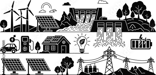 Renewable energy sources collection, solar panels, wind turbines, hydropower dam, electric vehicle charging, sustainable electricity generation, green energy technology, power grid infrastructure 