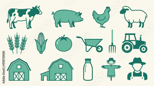 Agriculture and Farming Icons Set: Animals, Crops, Tools, Buildings