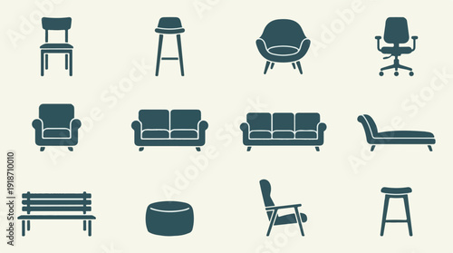 Minimalist vector furniture icons set: chairs, sofas, stools, and benches