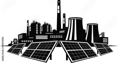 Solar panels with industrial power plant, renewable energy production, electricity generation facility, sustainable energy infrastructure, industrial electricity supply, clean energy technology
