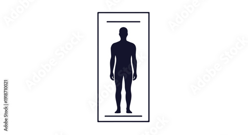 A dark blue silhouette of a man standing within a rectangular outline on a white background.