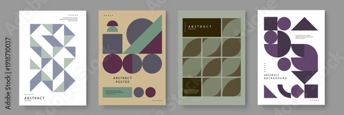 A bundle of four abstract posters with Bauhaus inspired geometric patterns and mid-century modern shapes in muted earth tones