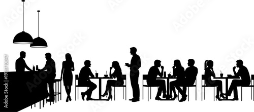 People silhouette at bar counter and sitting at tables in restaurant cafe, social gathering and nightlife vector illustration for interior design.