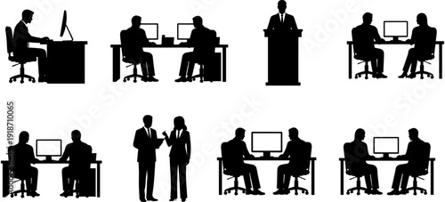 Professional business office silhouettes set featuring employees working at desks, corporate meetings, teamwork, and executive presentations for workplace concepts.