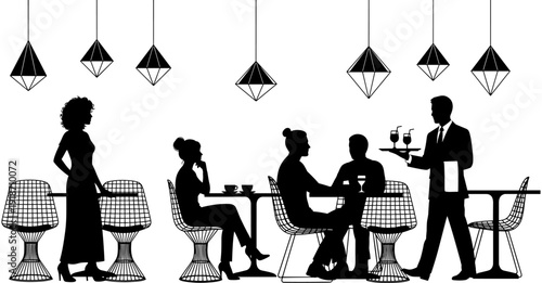 Restaurant cafe silhouette with people sitting at tables, waiter serving drinks, modern interior with pendant lights, dinner date vector illustration.