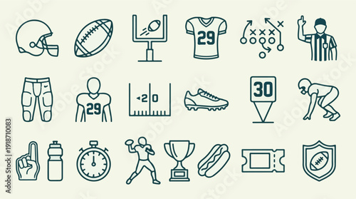 American Football Sport Line Icons Set on Light Background