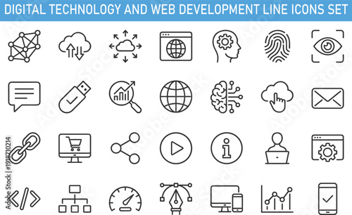 Digital technology and web development line icons set, cloud computing symbols, data analytics elements, modern outline vector illustration collection