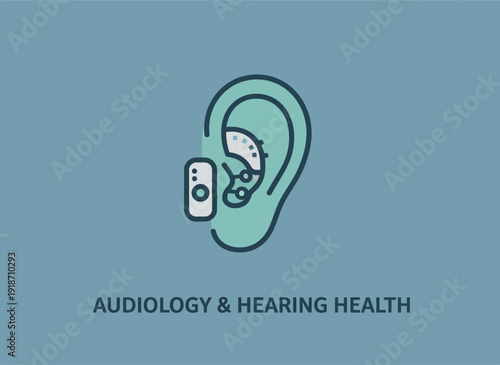 Illustration of an ear with a hearing aid, representing audiology and hearing health.