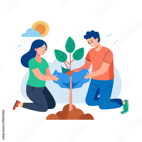 Happy couple planting a tree together environmental conservation sustainability green earth
