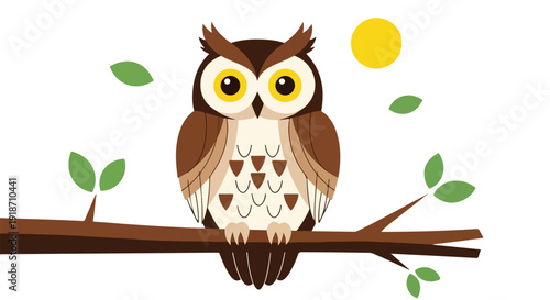 A brown owl with large yellow eyes perches on a tree branch with green leaves and a sun in the background, in a flat, illustrative style with a warm color palette.