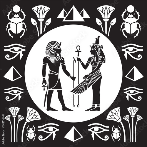 Ancient Egyptian symbols including pharaohs, pyramids, scarab beetles, lotus flowers, and the Eye of Horus.