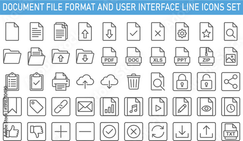 Document file format and user interface line icons set, folder upload download PDF DOC XLS vector collection