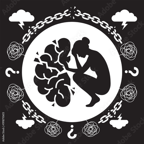 Silhouette of a distressed woman hunched over a broken brain, symbolizing mental health struggles and emotional breakdown.
