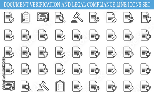 Document verification and legal compliance line icons set, contract approval security audit vector illustration isolated on white background