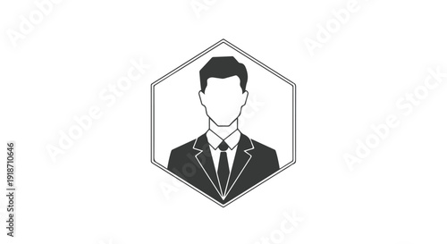 Simple grayscale illustration of a faceless businessman in a suit within a hexagonal frame on a white background.