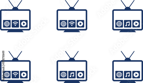 Six Blue Television Displaying Media and Internet Symbols