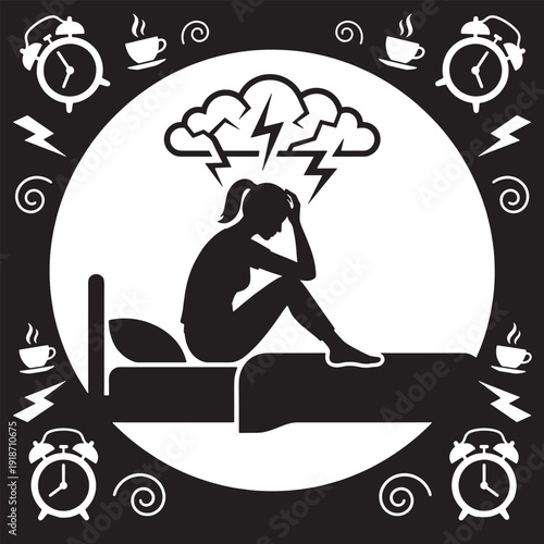 Woman sitting on the edge of her bed with a storm cloud and lightning over her head, symbolizing stress and anxiety.