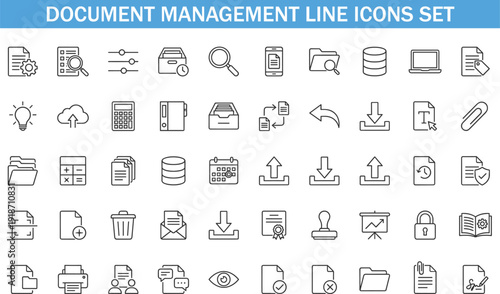 Document management line icons set, file storage upload download security workflow office vector illustration collection